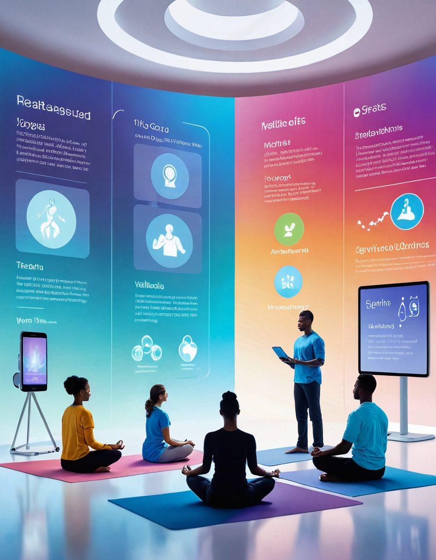 A futuristic healthcare scene depicting a diverse group of people engaging with advanced telehealth technology, including virtual consultations on screens, wellness apps on smartphones, and mindful activities like yoga or meditation in the background. The setting is bright and inviting, with digital health data visualizations floating around. Incorporate elements that symbolize the merging of technology and well-being. modern, vibrant colors, 3D elements.