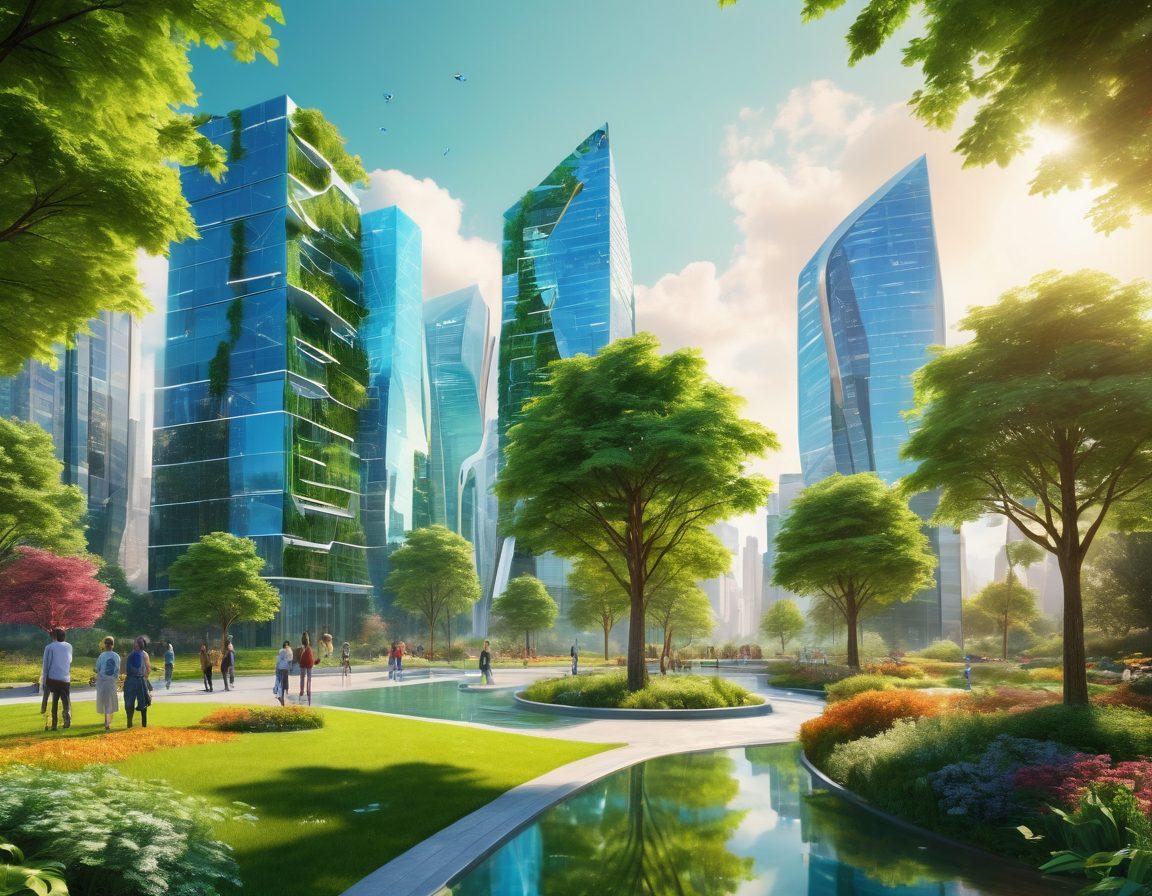 A futuristic cityscape reflecting a green and healthy environment, with people engaging in various e-health activities using wearable technology. A digital interface overlay displaying health metrics and wellness programs. Bright, optimistic colors emphasizing innovation and well-being. Incorporate elements of nature like trees and gardens harmoniously blended with high-tech structures. super-realistic. vibrant colors. 3D.