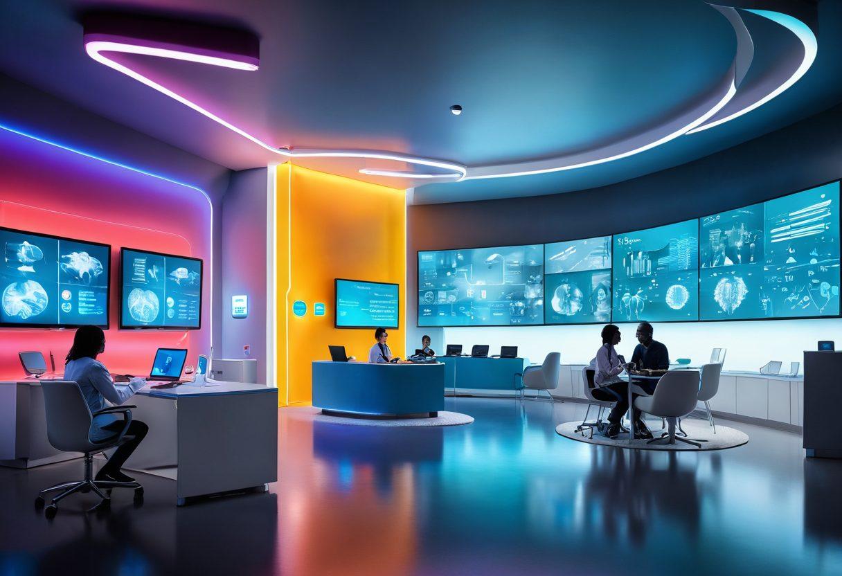 A futuristic healthcare environment featuring a diverse group of patients engaging with advanced digital health technologies like wearable devices, telehealth screens, and interactive wellness apps. The scene should radiate a sense of hope and innovation, showcasing smart hospitals and lively outdoor health programs. Incorporate elements like a glowing network of digital connections symbolizing data flow and patient empowerment. The color palette should be vibrant, reflecting optimism and progress. 3D, vibrant colors, modern style.